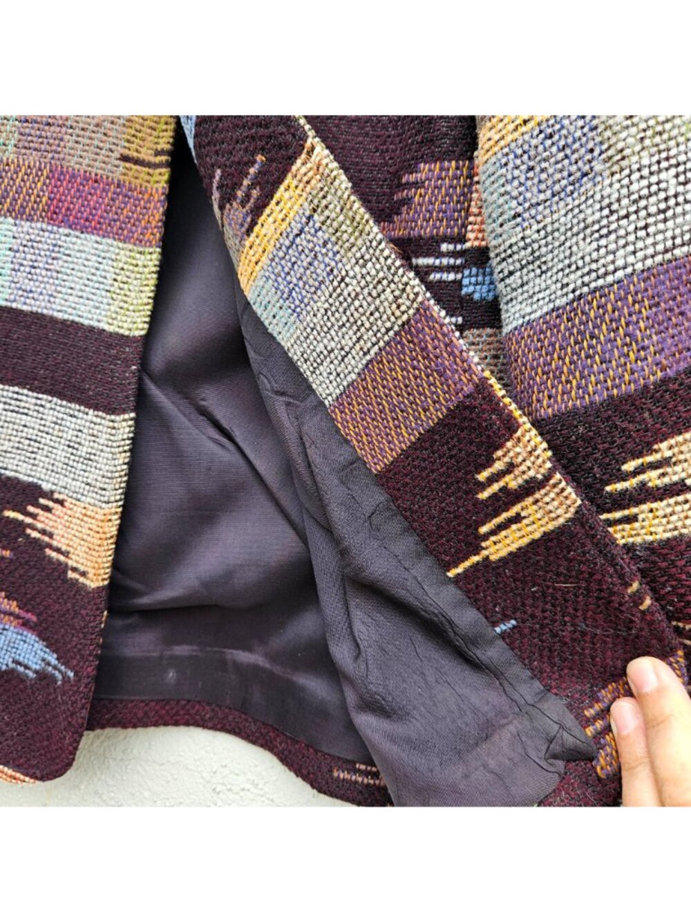 Vintage Art to Wear Woven Wool Jacket Abstract Ikat Stripe Boxy Lined Small - Picture 8 of 13